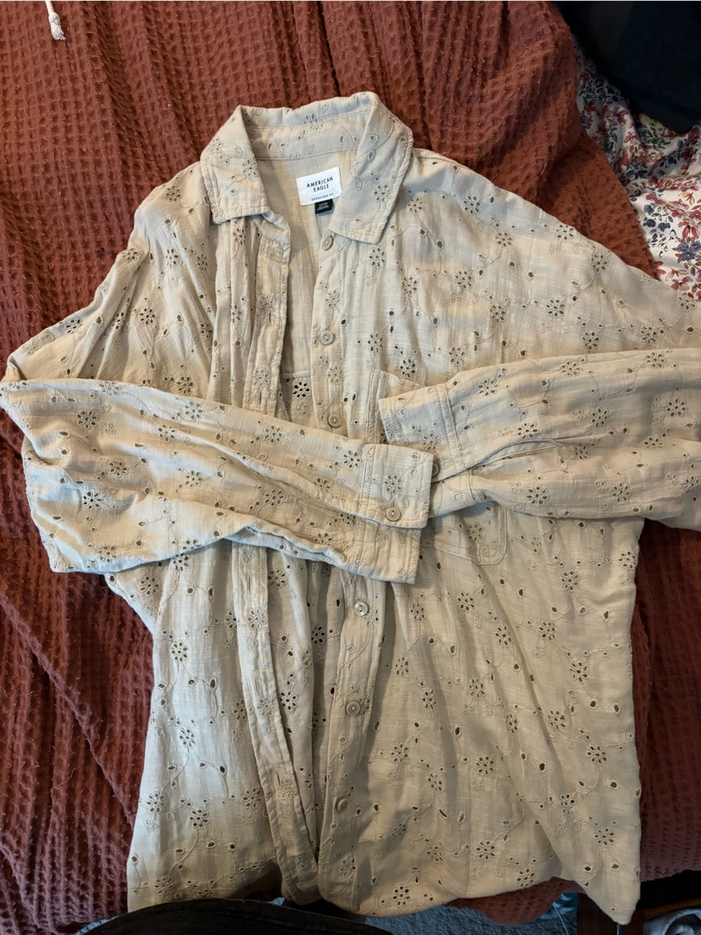 American Eagle Outfitters Cream Eyelet Button-Up Top